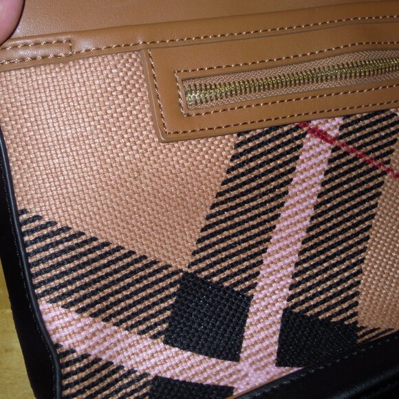 Spartina Pink & Black Plaid check Shoulder Hand Bag Purse Leather Linen NWT USA - Picture 8 of 12